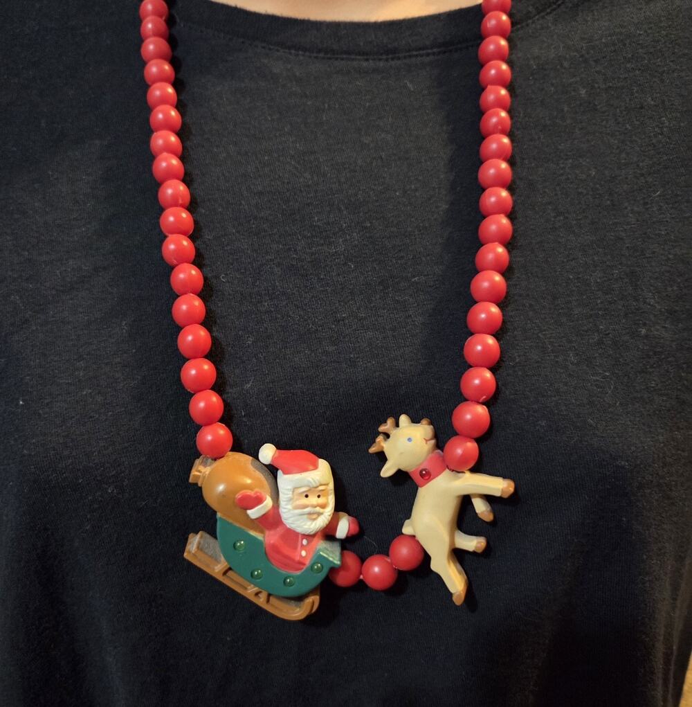 Christmas Necklace, Santa Sleigh Reindeer Necklace Battery Needed